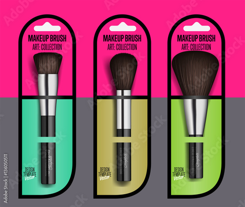 Realistic makeup brush set isolated vector illustration. Facial cosmetic 3D object collection. Fashion and beauty professional makeup artist brush in package, decorative cosmetic concealer powder tool