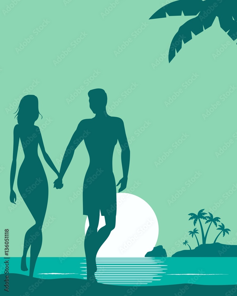 People silhouettes on the beach, lovers People silhouettes on the beach, lovers