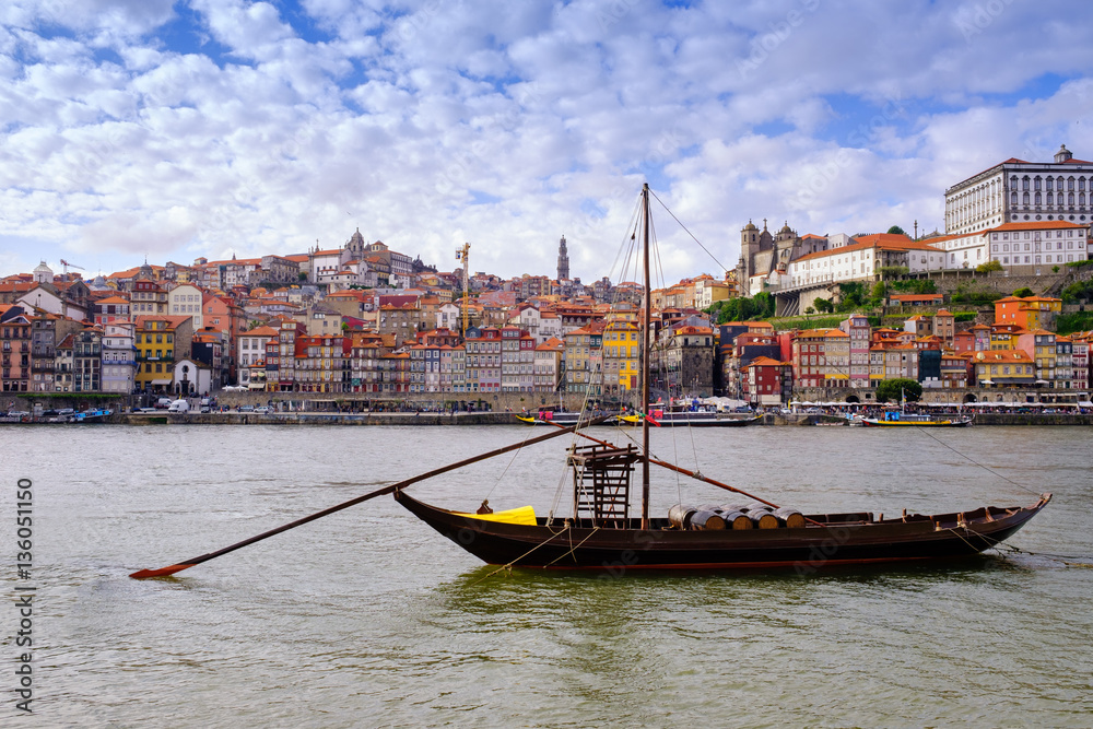 The iconic Rabelo boats, traditional Port wine transport on Douro river, Porto, Portugal