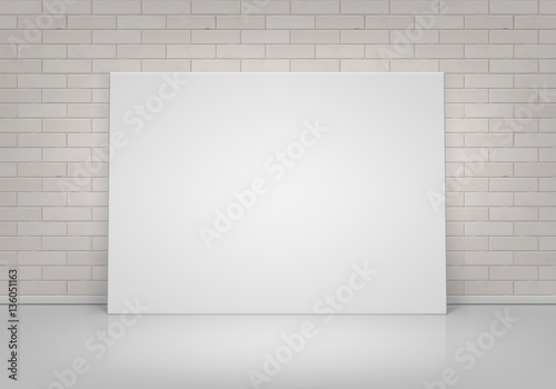 Vector Empty Blank White Mock Up Poster Picture Frame Standing on Floor with Brick Wall Front View