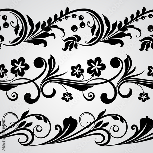 Seamless abstract black and white horizontal floral border vecto