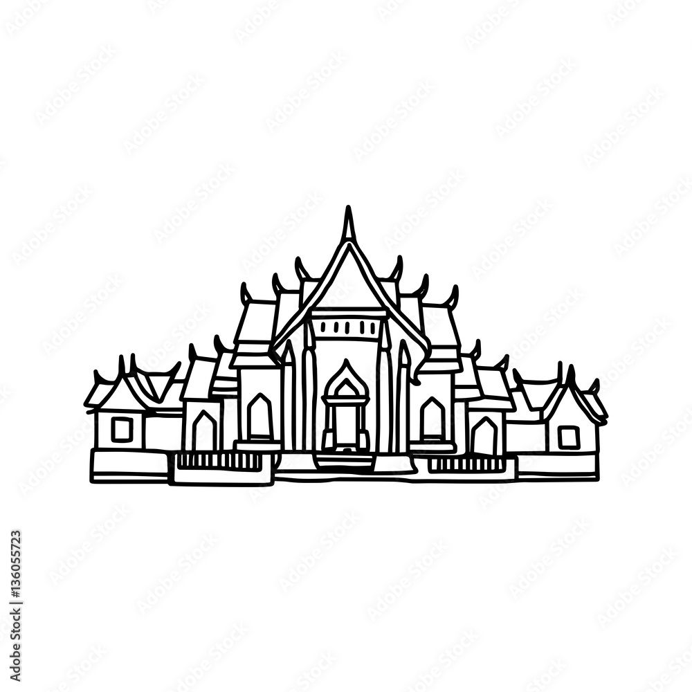 illustration vector hand drawn sketch of Thai temple isolated on white background