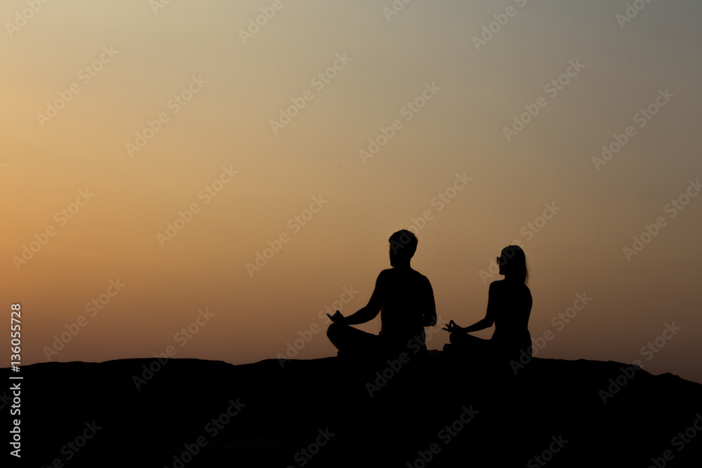 silhouette of couple at sunset summer, healthy concept