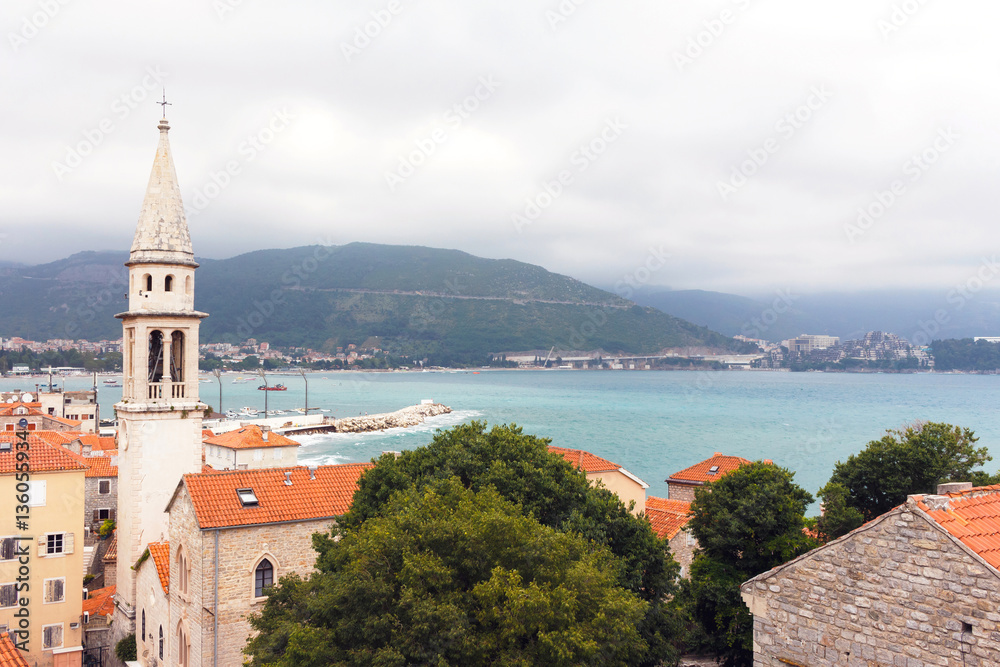 The view of church in budva old town, one of the best preserved medieval cities in the mediterranean