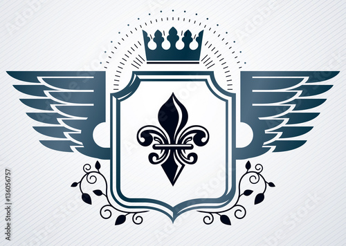 Vintage decorative heraldic vector emblem composed with eagle wi