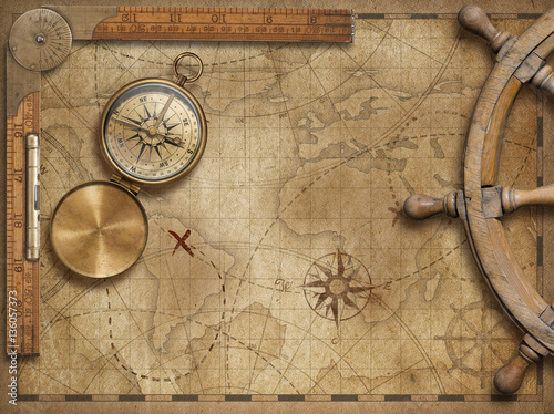 adventure and explore concept still life with old nautical world map