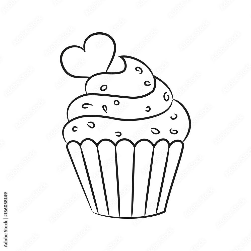 Cupcake with heart on the white background.