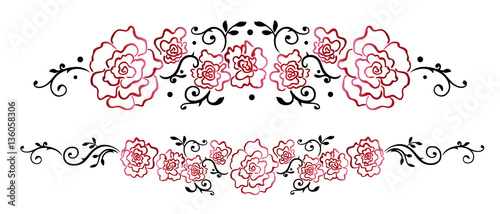 Ranke mit filigranen roten Rosen und Blättern, Vektor Set.