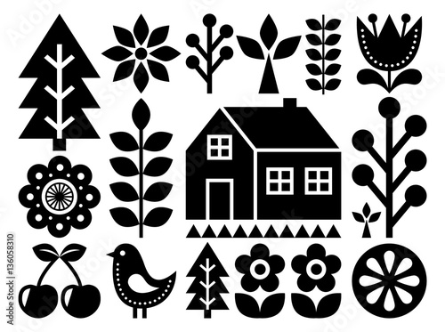 Scandinavian, Nordic folk art pattern - inpspired by Finnish art, black and white