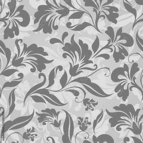 Seamless grey and white floral vector background.
