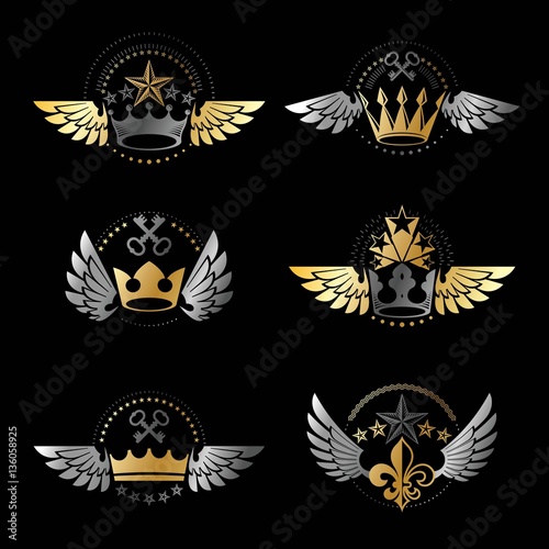 Royal Crowns and Vintage Stars emblems set. Heraldic vector desi