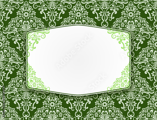 Blank white frame with seamless green floral pattern