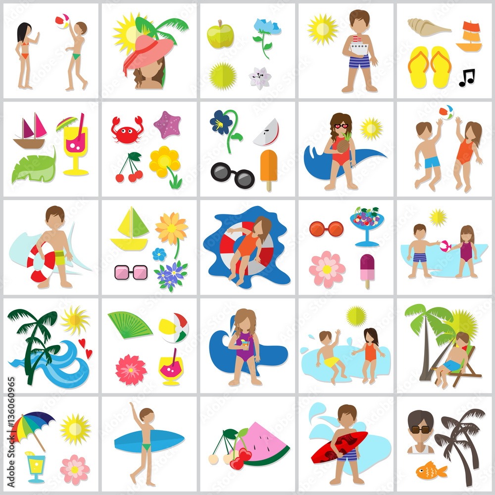 Fototapeta premium Summer Icons Set Isolated On White Background-Vector Illustration,Graphic Design.Colorful Symbols.For Web Site,Apps,Print,Presentation Templates,Mobile Applications And Promotional Materials