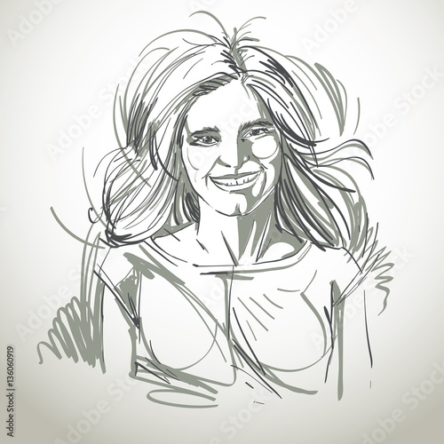 Hand-drawn portrait of white-skin smiling glad woman with long w