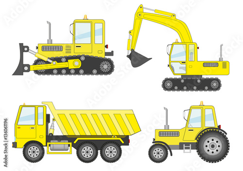 Set of machinery vehicles: bulldozer, excavator, truck, tractor. High detailed vector illustration