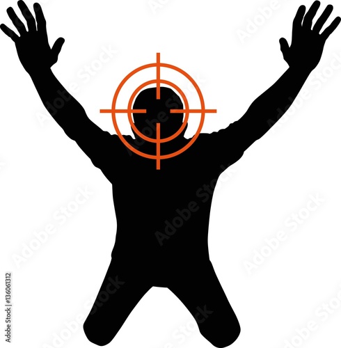 man with hands up as target