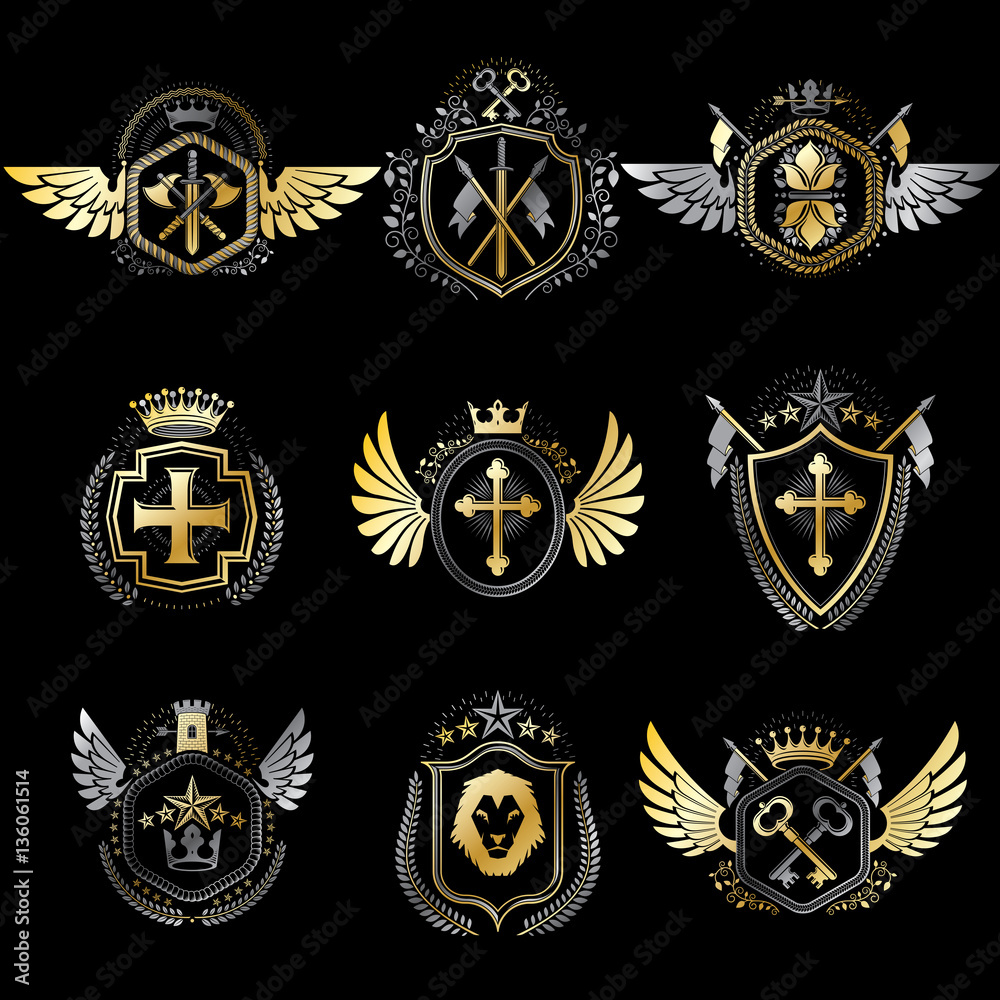 Heraldic decorative emblems made with royal crowns, animal illus Heraldic decorative emblems made with royal crowns, animal illus