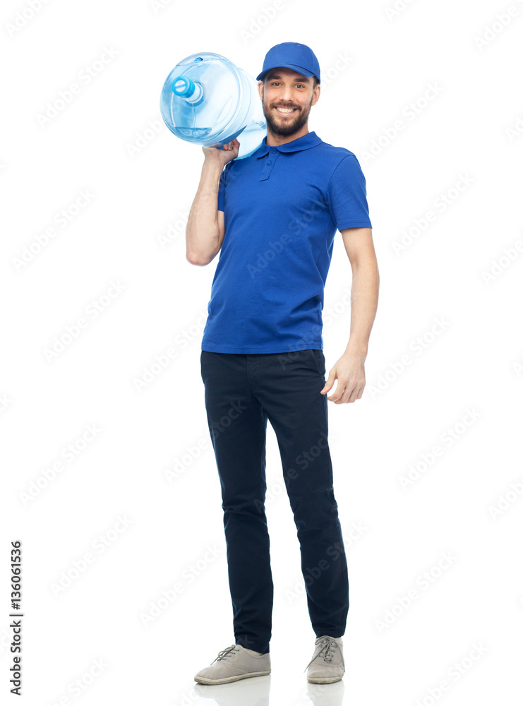 happy delivery man with bottle of water happy delivery man with bottle of water