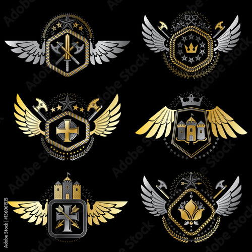 Heraldic decorative emblems made with royal crowns, animal illus