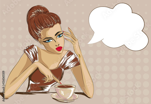 Pin up style bored woman with cop of coffee, speech bubble pop art portrait vector illustration