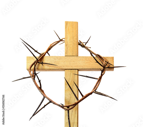 Wooden cross with a crown of thorns, isolated on white. Element © t0m15