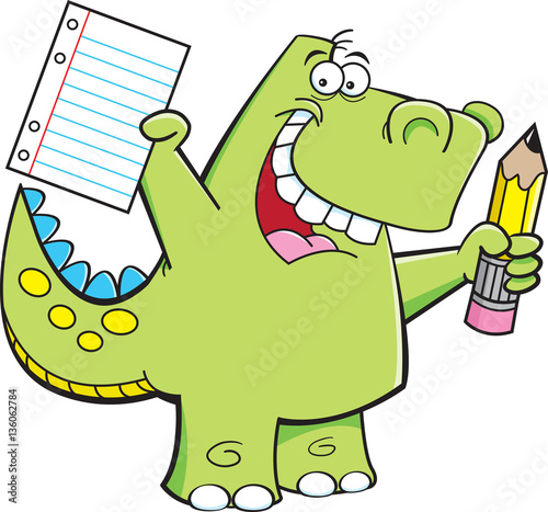 Cartoon illustration of a dinosaur holding a paper and pencil.