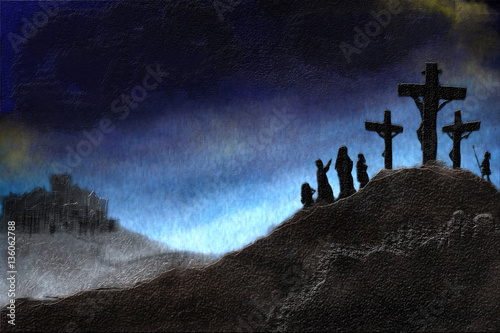 Crucifiction of Jesus Christ on Calvary hill . abstract artistic texture background