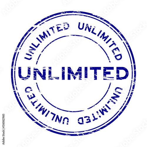 Grunge blue unlimited round rubber stamp on white background