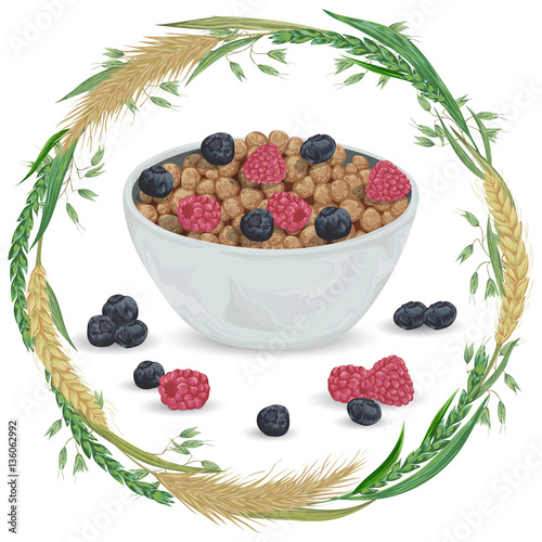 Cereal balls in bowl with raspberry, blueberry and wreath with cereals. Barley, wheat, rye and oat. Healthy breakfast. Isolated elements. Hand drawn vector illustration