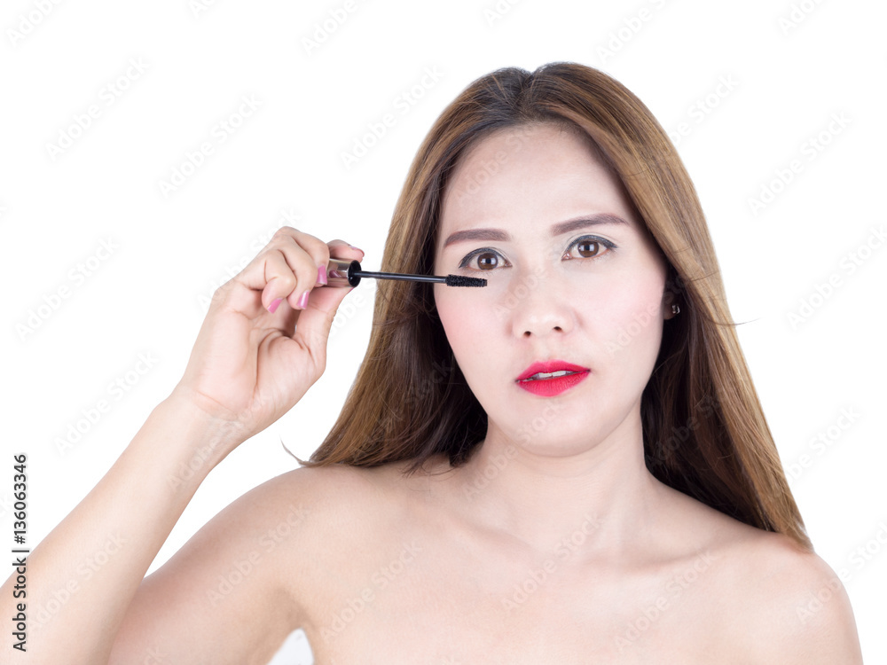 asian beautiful woman applying Mascara , isolated on white background. skincare, cosmetology concept. asian beautiful woman applying Mascara , isolated on white background. skincare, cosmetology concept.