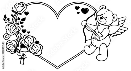 Heart-shaped frame with outline roses and teddy bear with bow and wings.