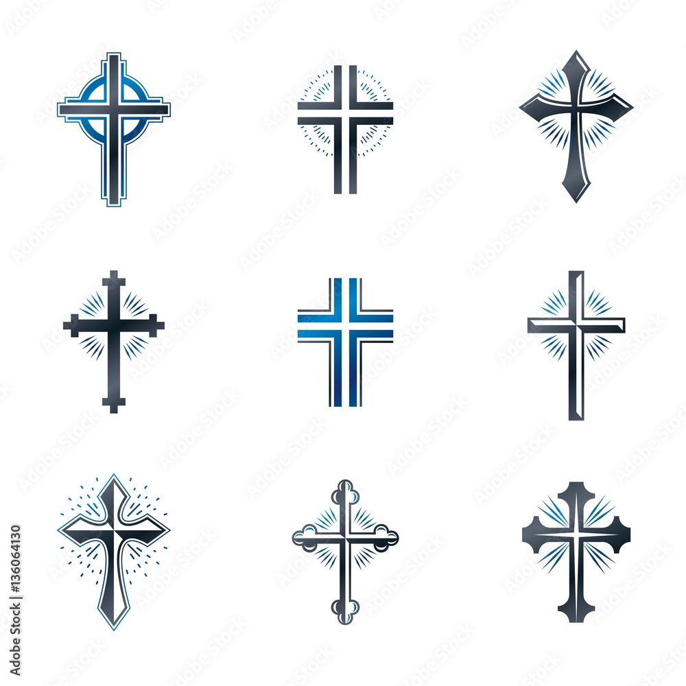 Crosses of Christianity emblems set. Heraldic vector design elem