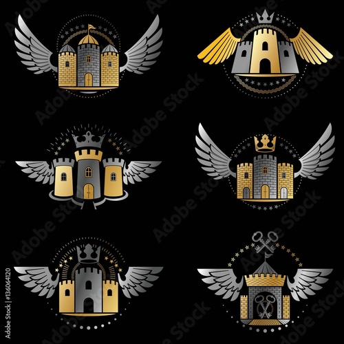 Ancient Bastions emblems set. Heraldic vector design elements co