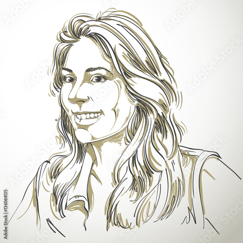 Vector drawing of smiling woman with stylish haircut. Black and