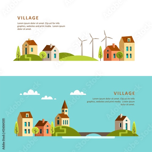 Village. Small town. Rural and urban landscape. Vector illustration.