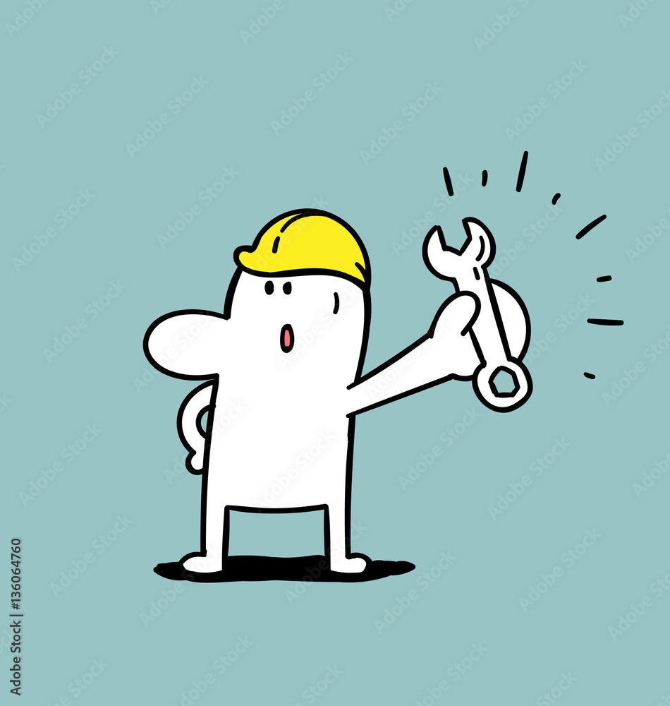 Technician with wrench, Simple man, Vector illustration.