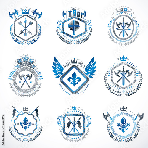 Heraldic decorative emblems made with royal crowns, animal illus