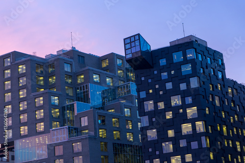 Photography Night view of illuminated street in the Oslo business center.