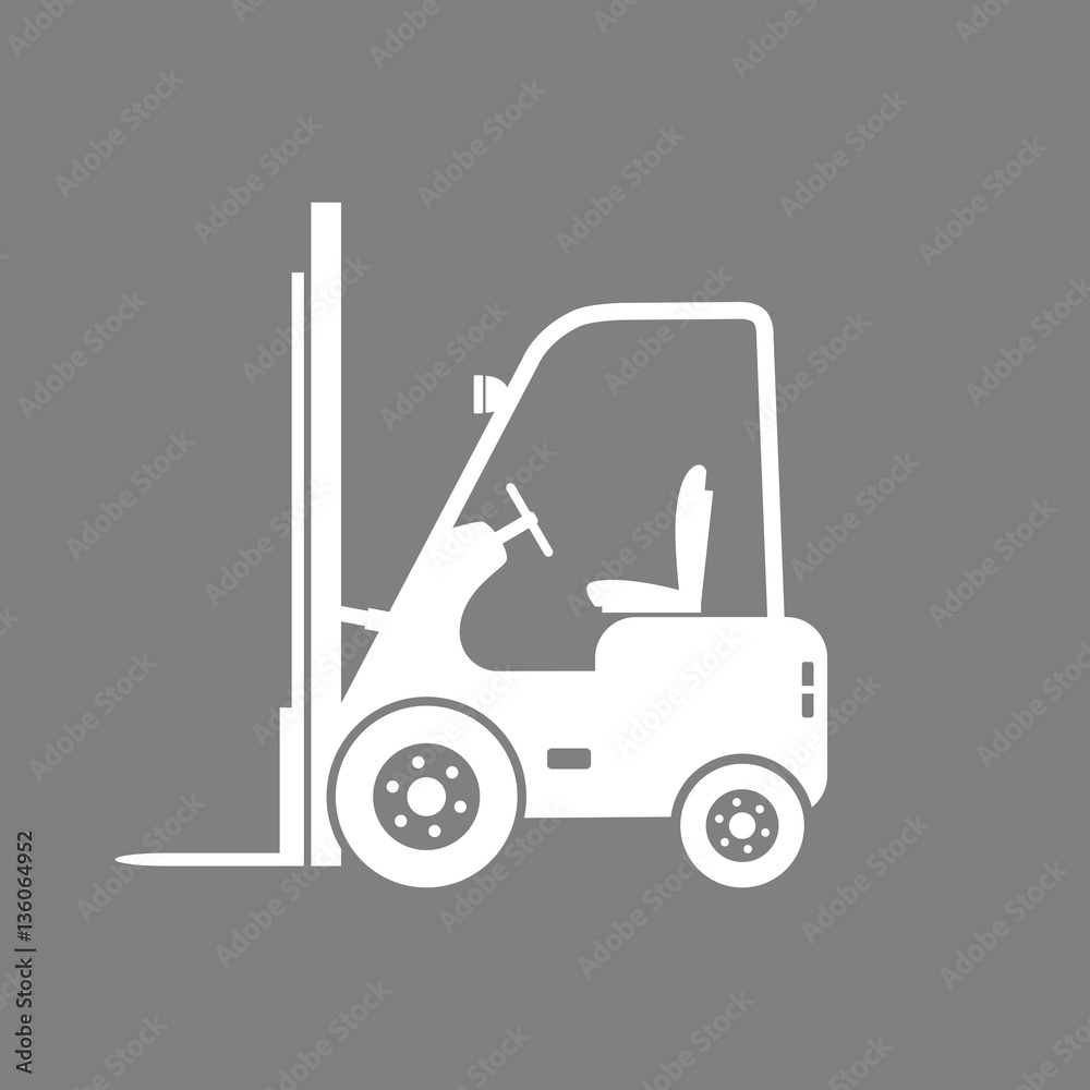 White forklift truck vector icon on grey background