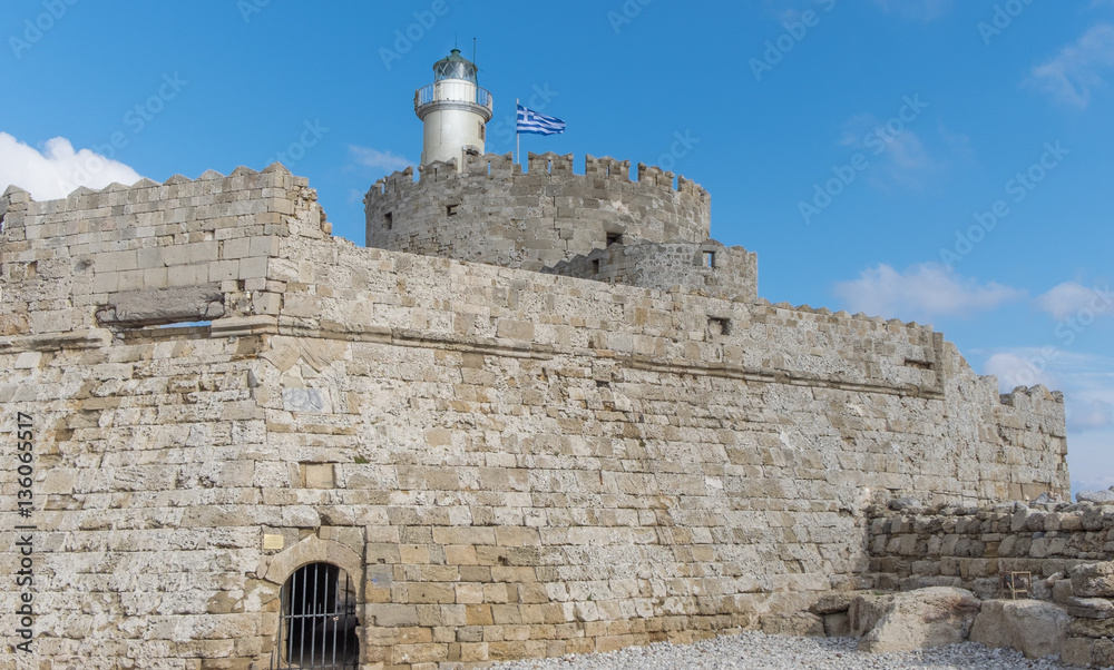 Lighthouse and castle at Rhodes Town, Greece