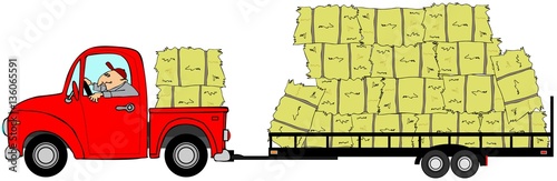Illustration of a man driving a truck pulling a trailer loaded with bales of hay.