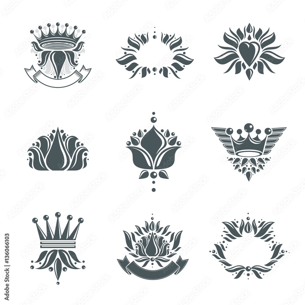 Royal symbols, Flowers, floral and crowns, emblems set. Heraldic Royal symbols, Flowers, floral and crowns, emblems set. Heraldic