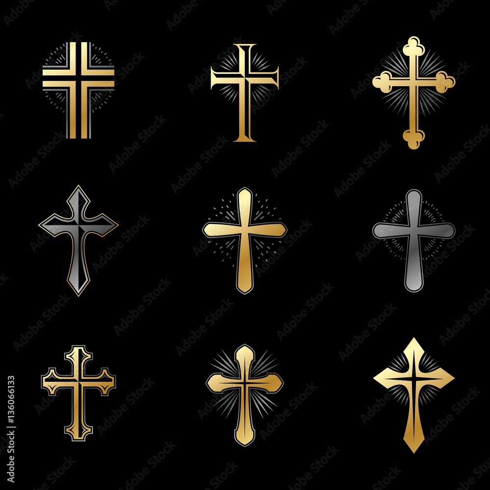 Crosses Religious emblems set. Heraldic Coat of Arms, vintage ve