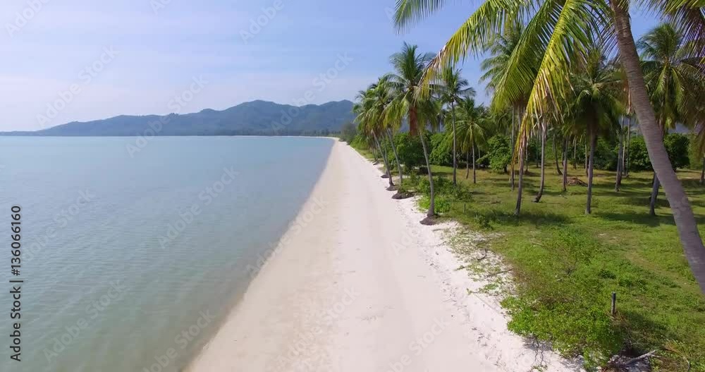 Aerial: Beautiful deserted beach with palm trees and views of the mountains. Aerial: Beautiful deserted beach with palm trees and views of the mountains.
