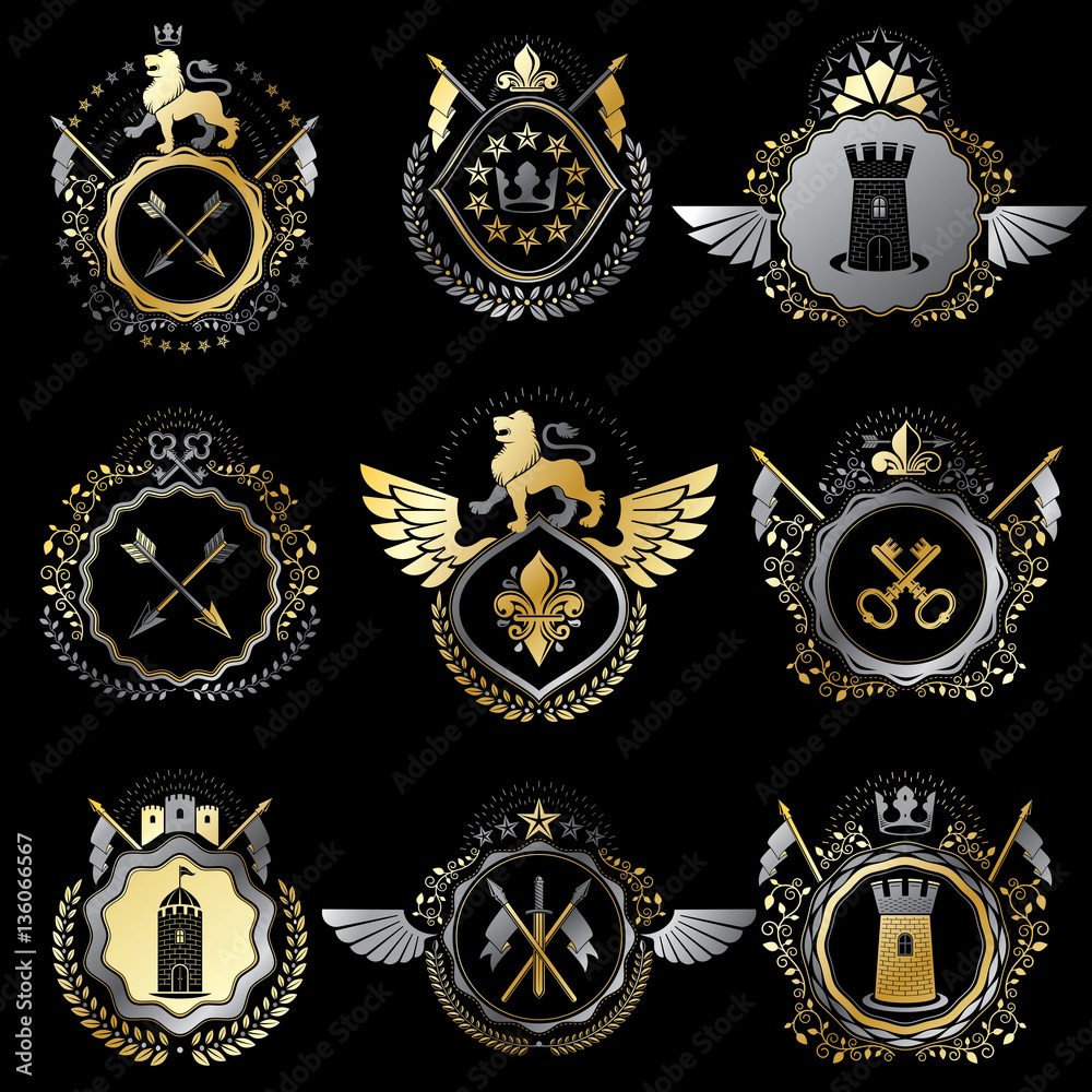 Collection of vector heraldic decorative coat of arms isolated o