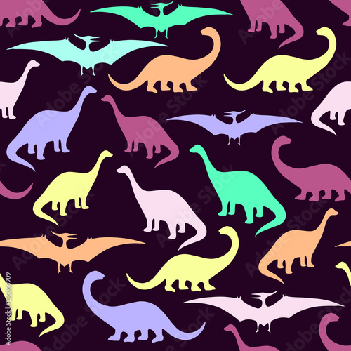 Seamless pattern with cartoon dinosaurs. 