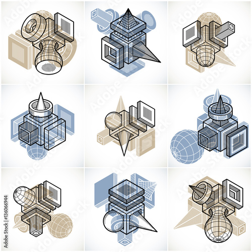 3D engineering vectors, collection of abstract shapes.