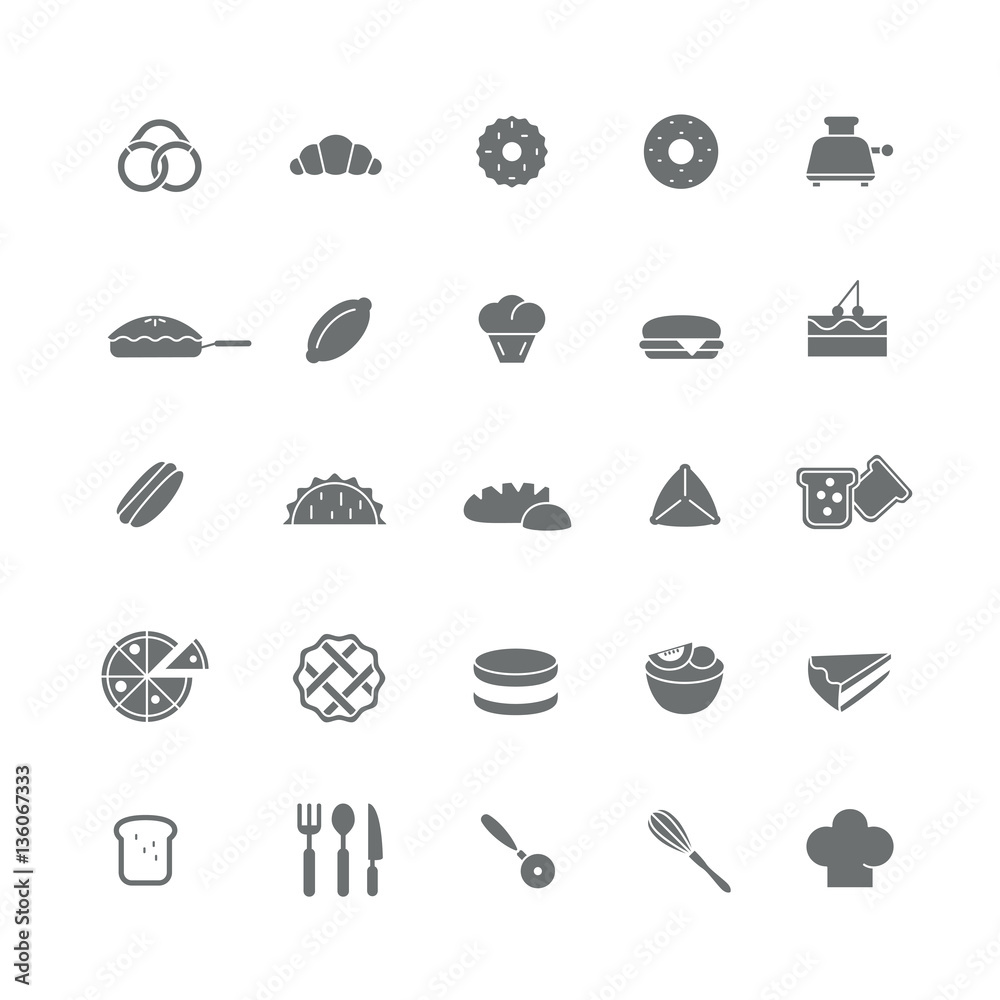 Set of black icons with different flour products (Cakes, biscuits, sweets).
