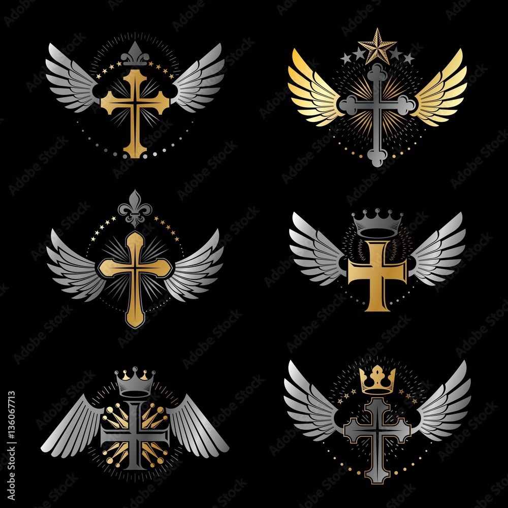 Crosses Religious emblems set. Heraldic Coat of Arms, vintage ve Crosses Religious emblems set. Heraldic Coat of Arms, vintage ve