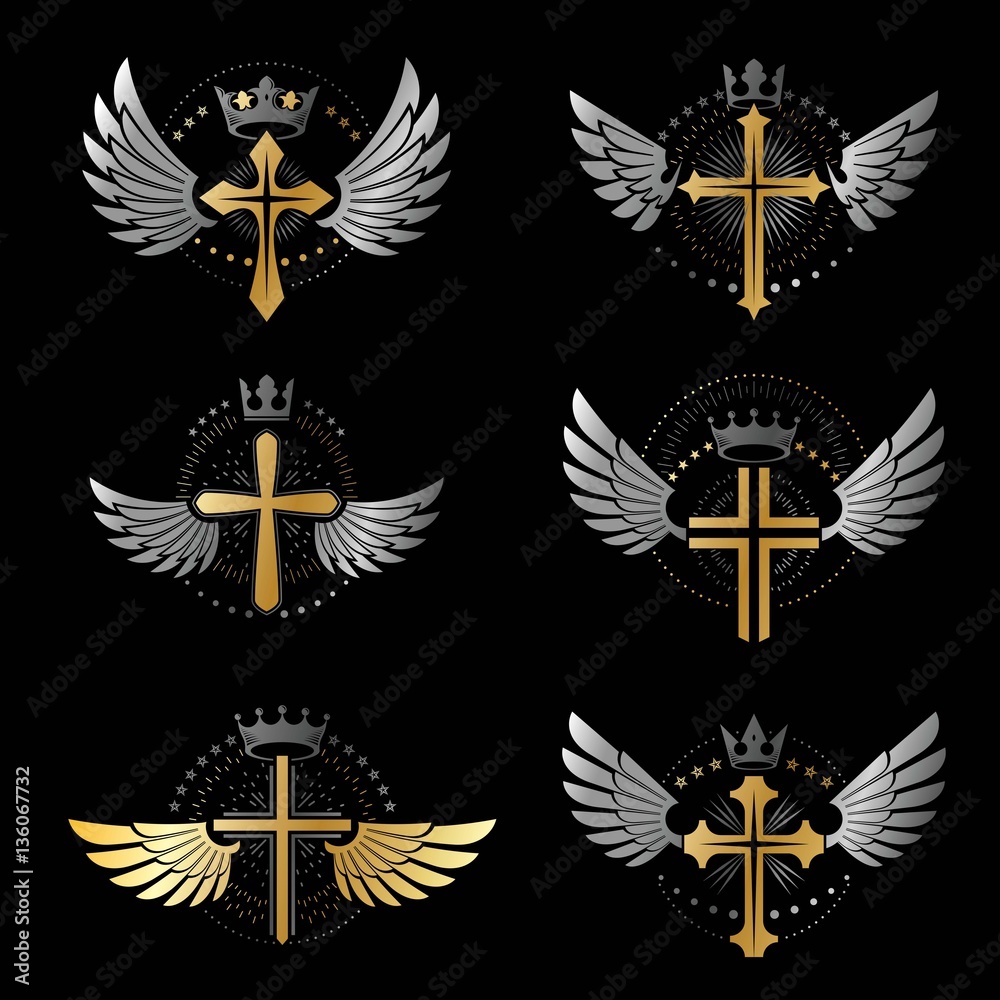 Crosses of Christianity emblems set. Heraldic vector design elem